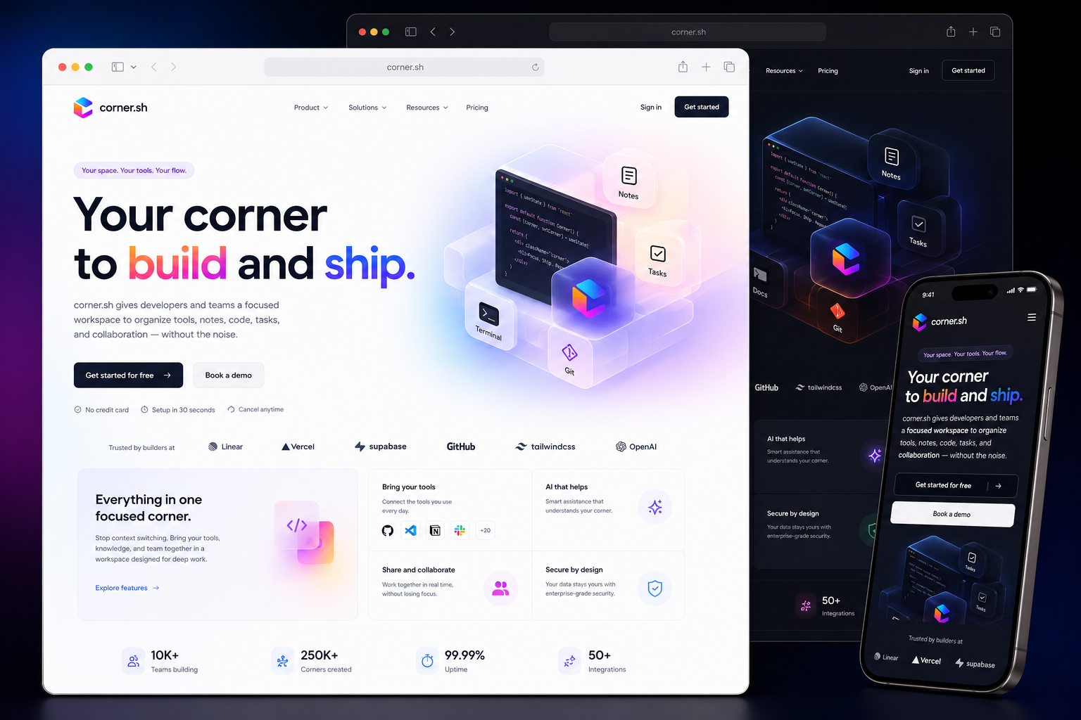 corner.sh website concept preview