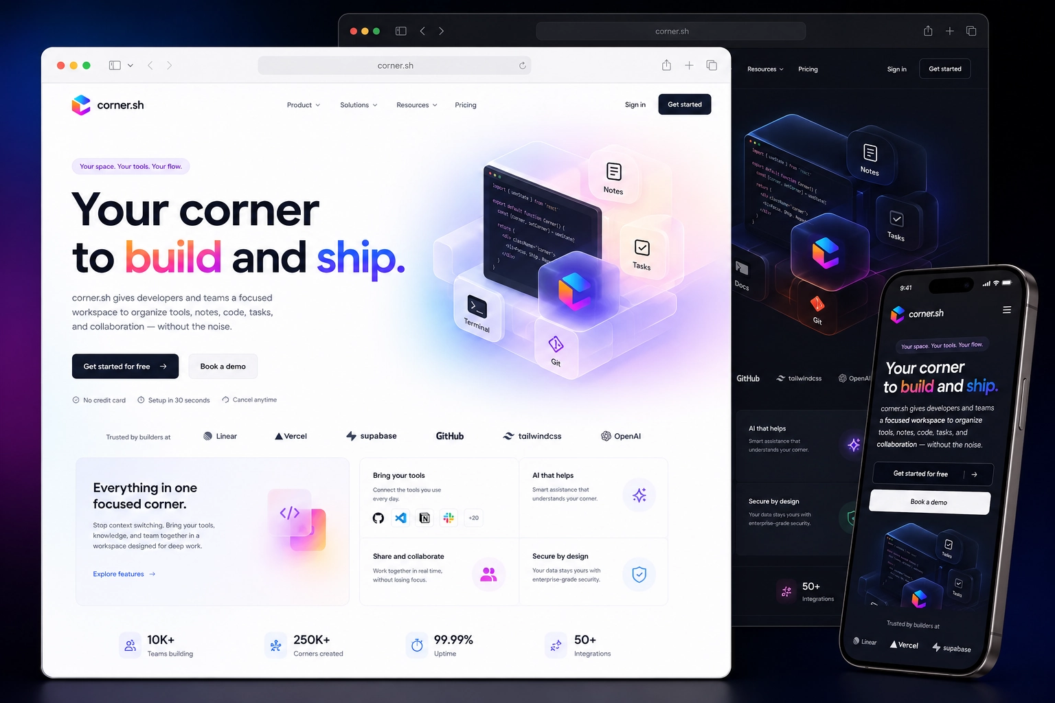 corner.sh website concept preview