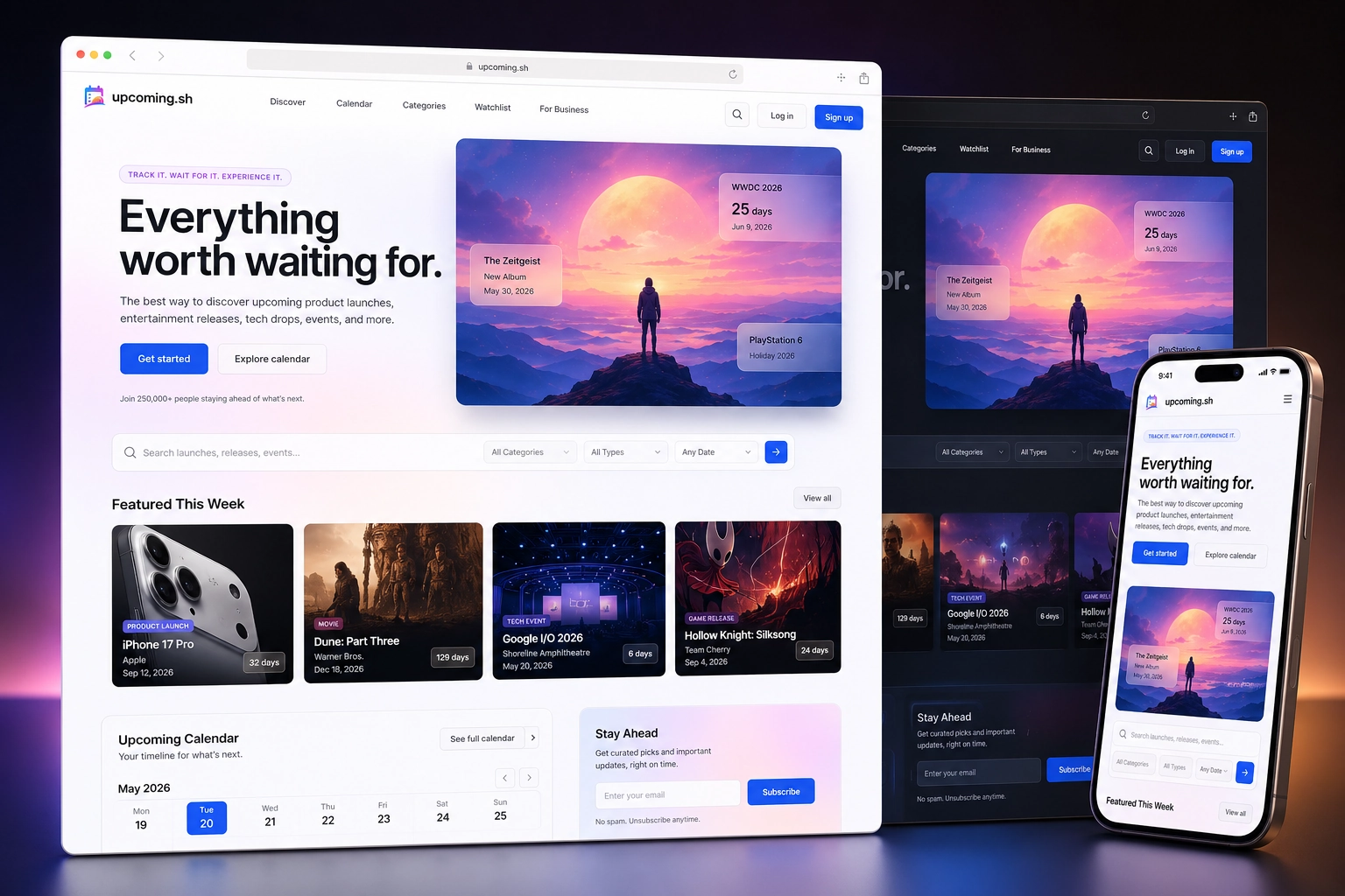 upcoming.sh website concept preview